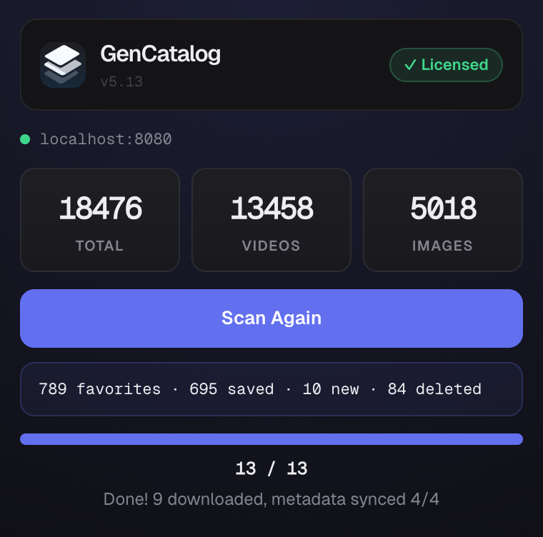 GenCatalog desktop app showing catalog stats — 18,476 items cataloged