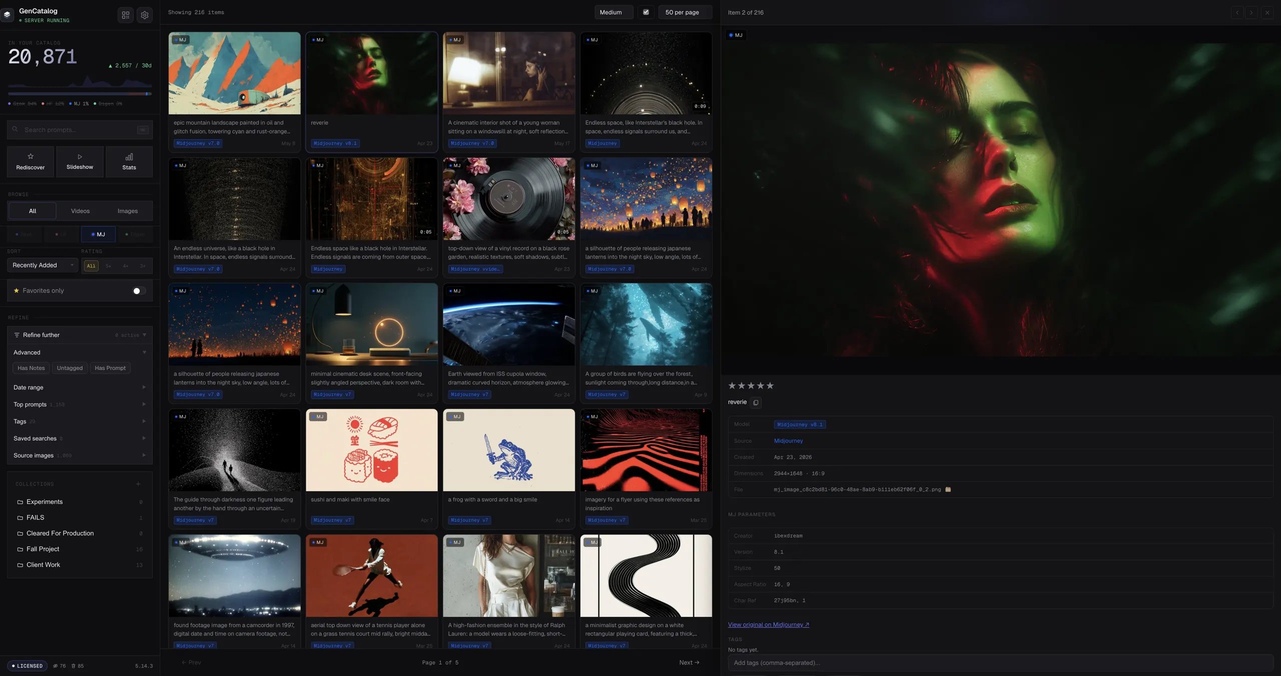 GenCatalog — local AI generation catalog with sidebar, grid, and detail panel