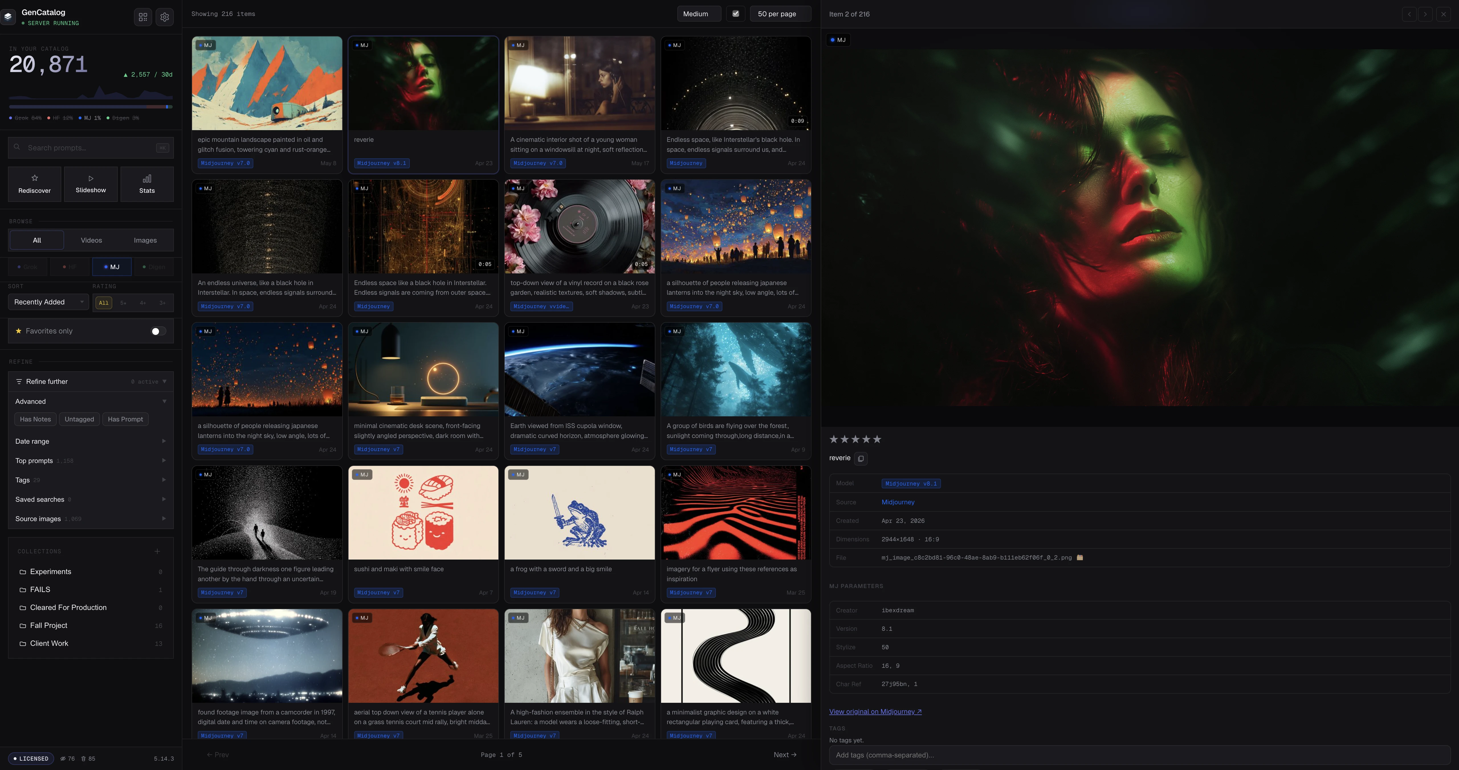 GenCatalog — local AI generation catalog with sidebar, grid, and detail panel