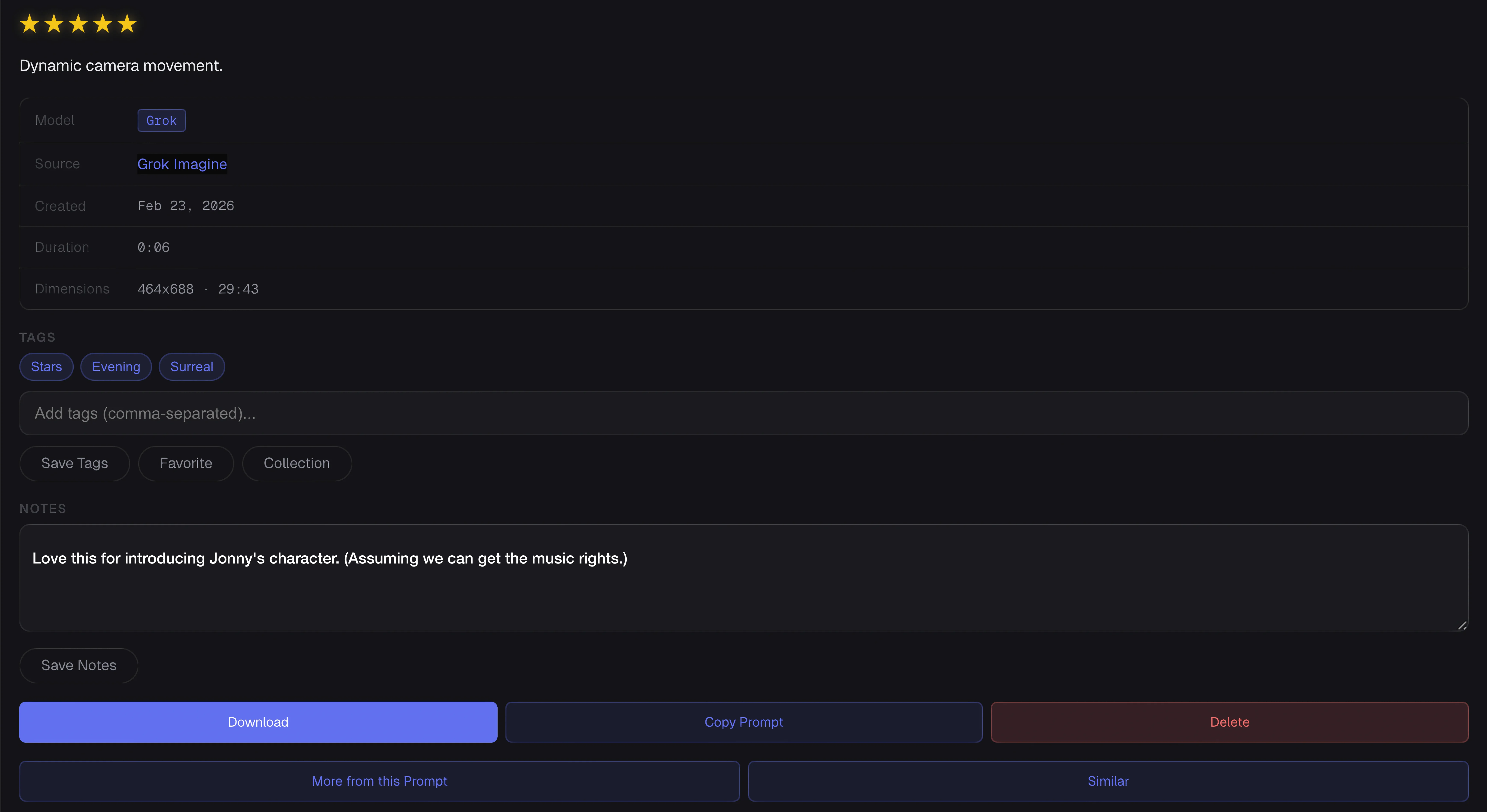 GenCatalog detail panel showing full prompt, metadata, tags, and action buttons
