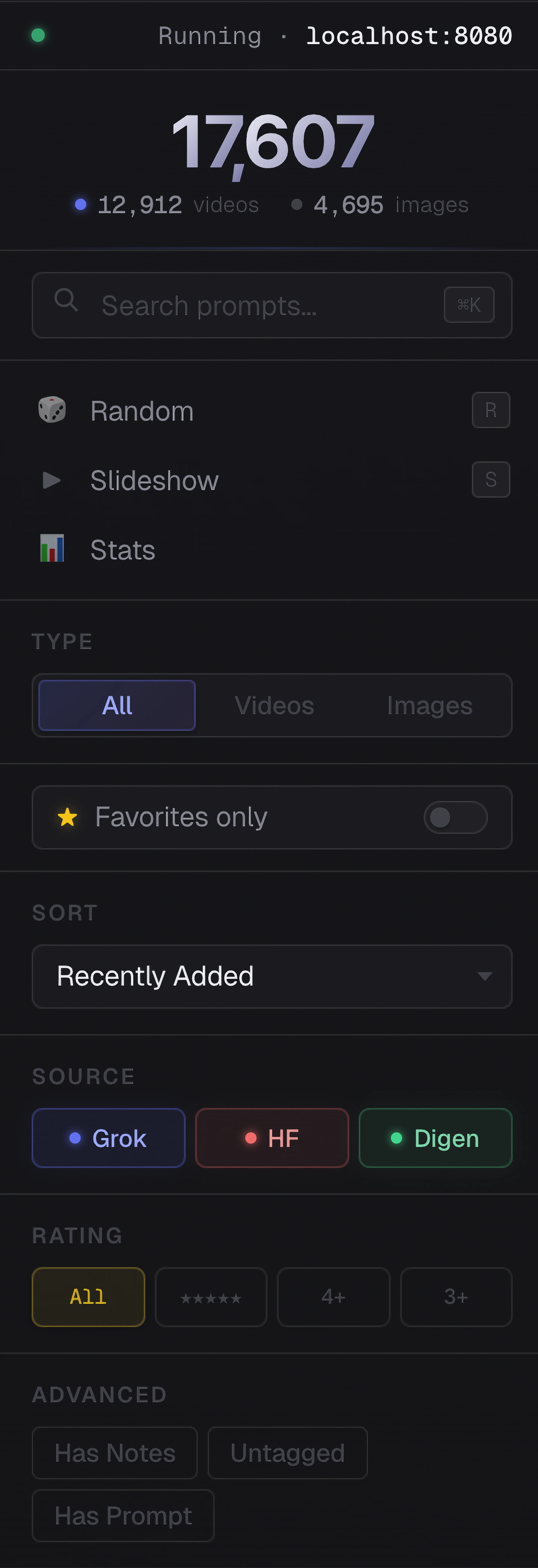 GenCatalog sidebar showing filter options including source, rating, tags, and advanced filters