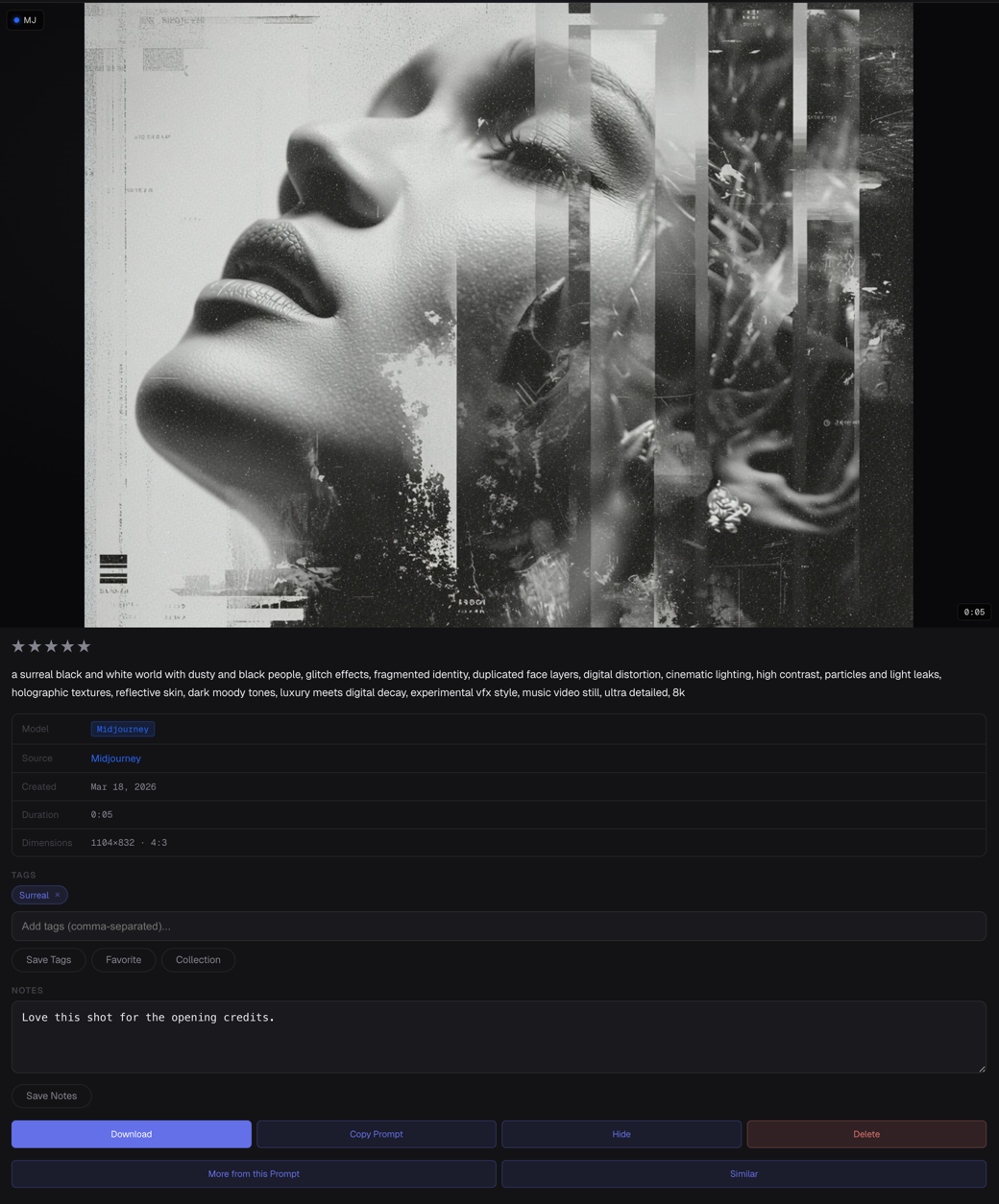 GenCatalog detail view showing a Midjourney generation with full prompt, model version, dimensions, and metadata