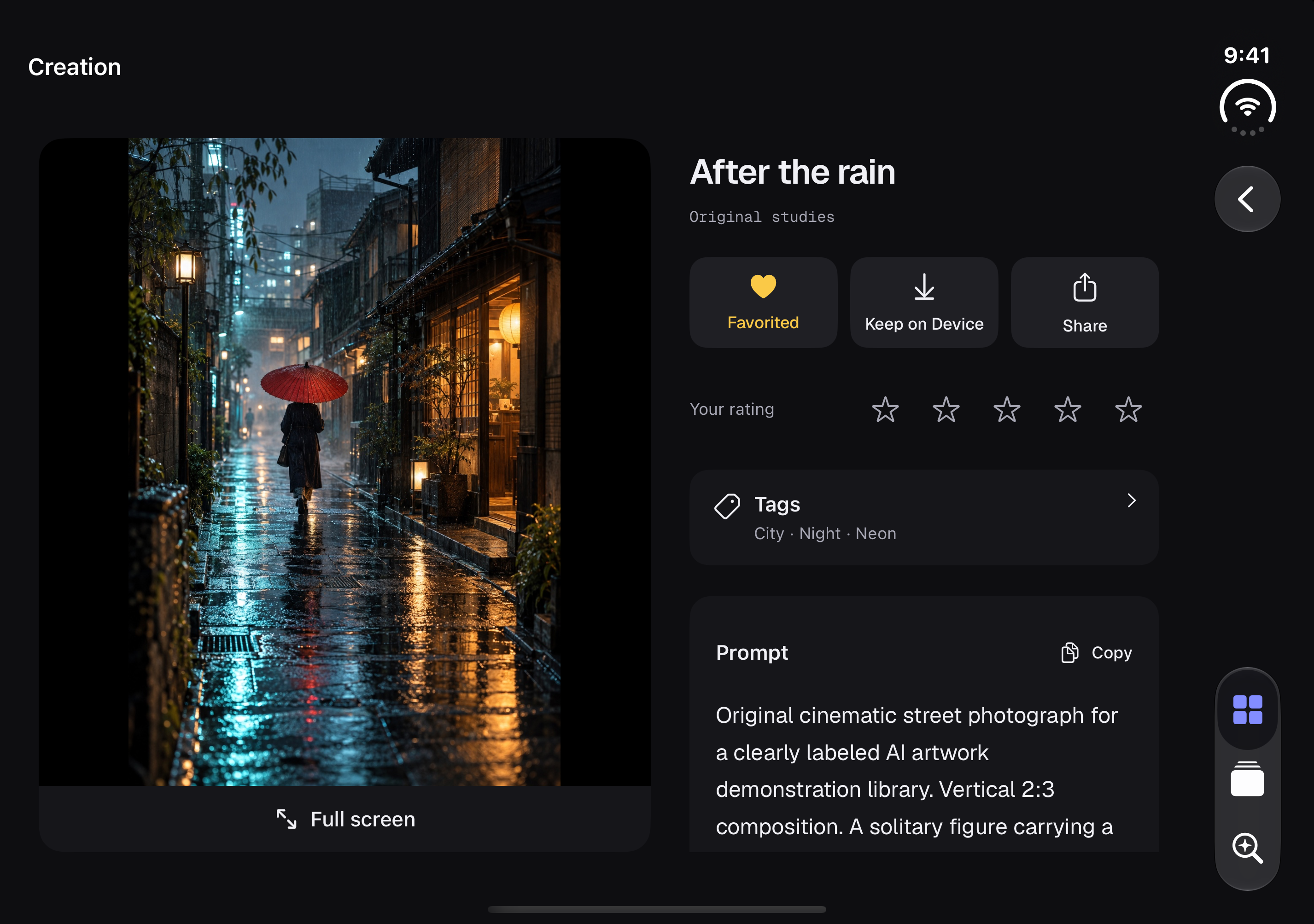 GenCatalog on unfolded iPhone Duo: artwork beside its prompt, rating, and sharing controls
