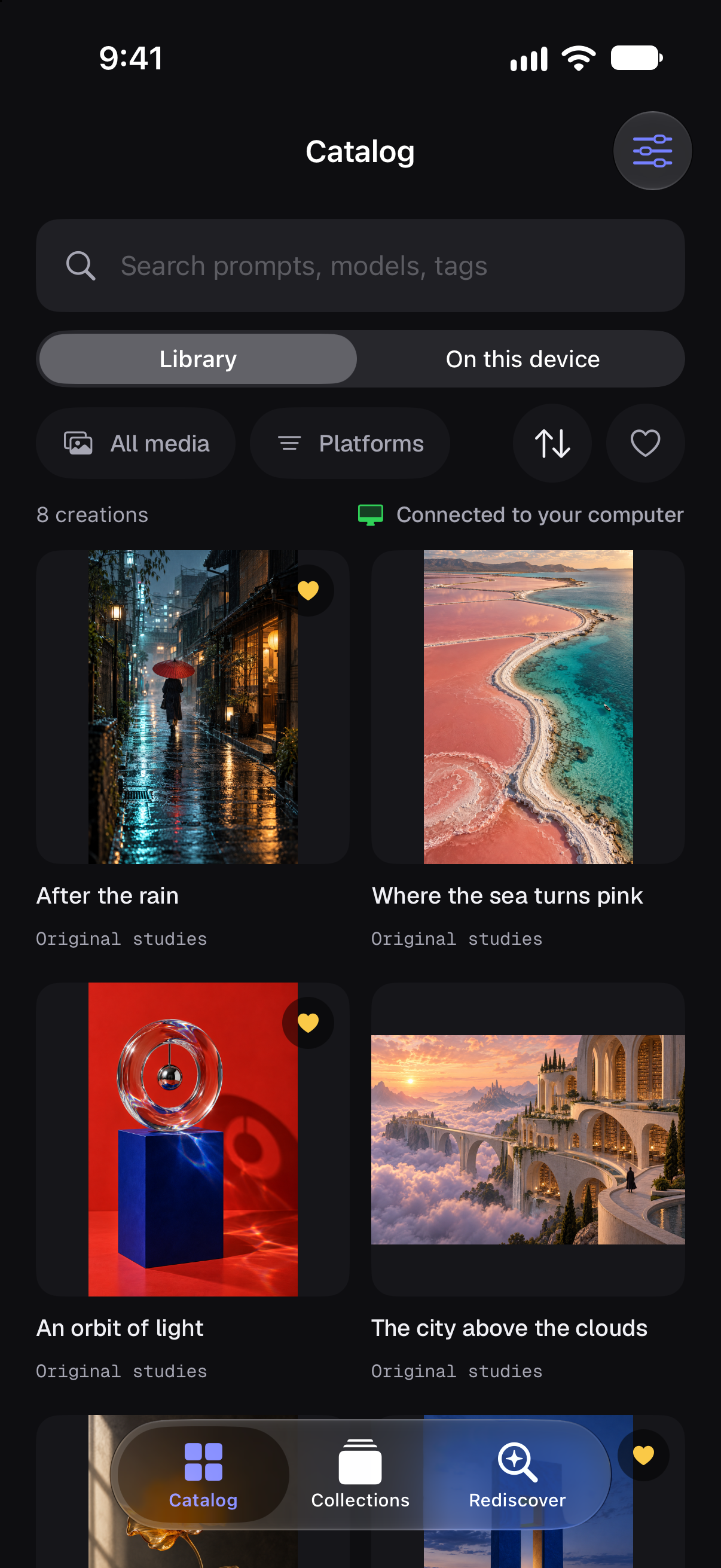 GenCatalog on iPhone showing a colorful library of saved creations