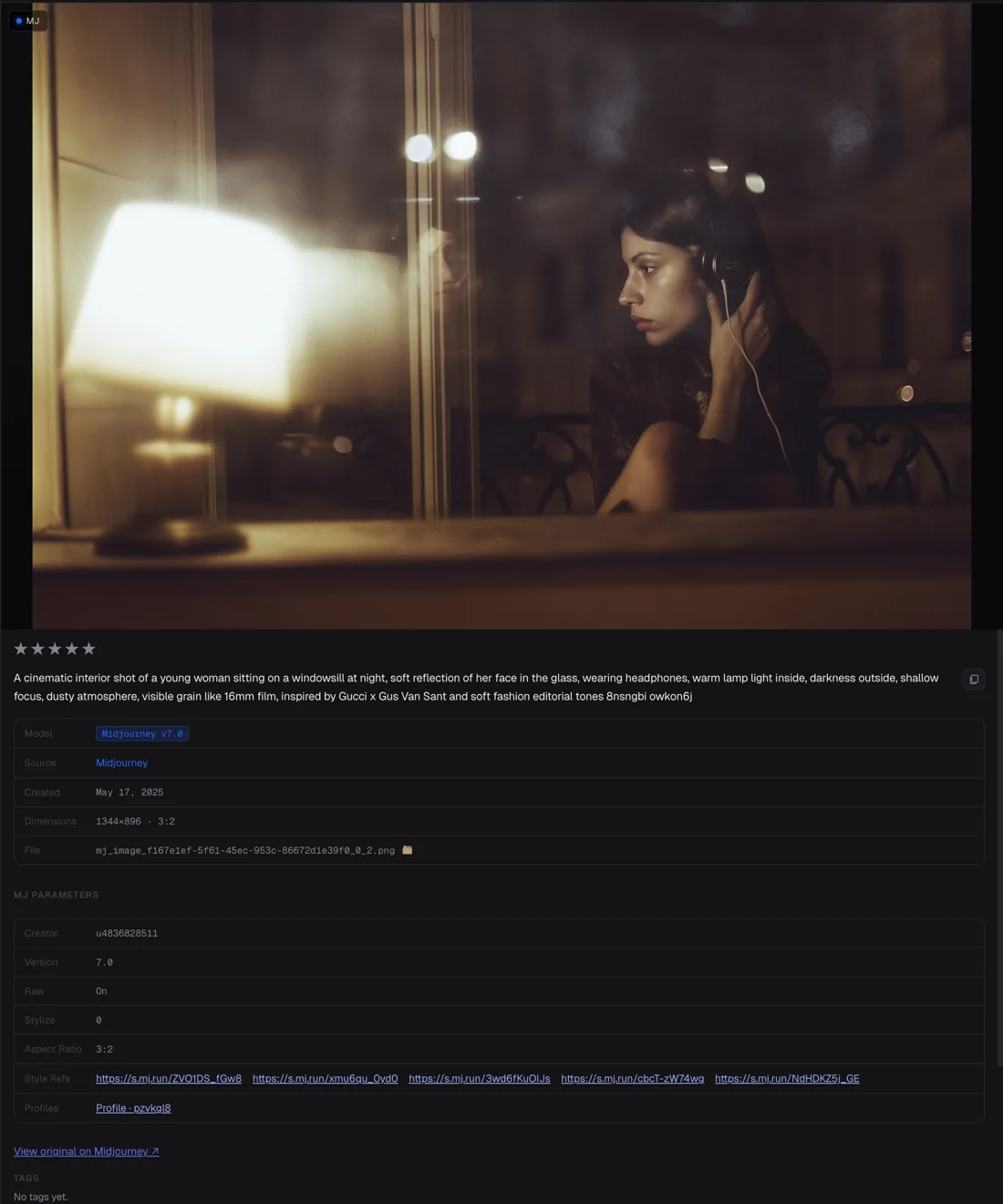 GenCatalog detail view — full prompt, model, parameters, source platform