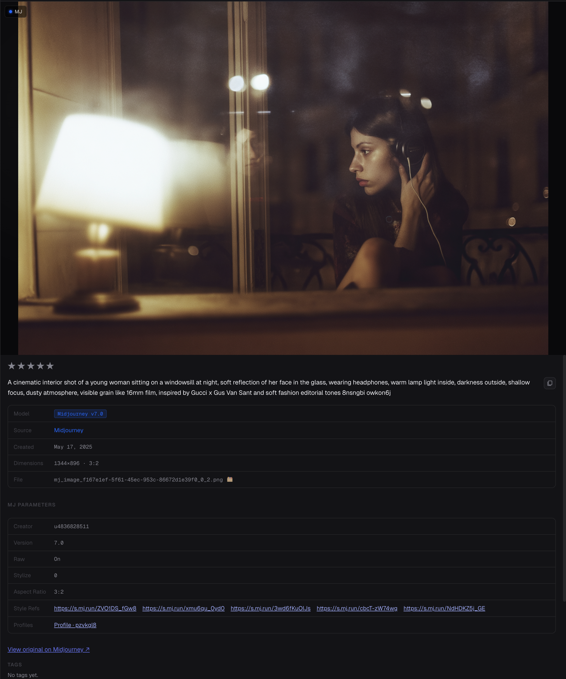 GenCatalog detail view — full prompt, model, parameters, source platform