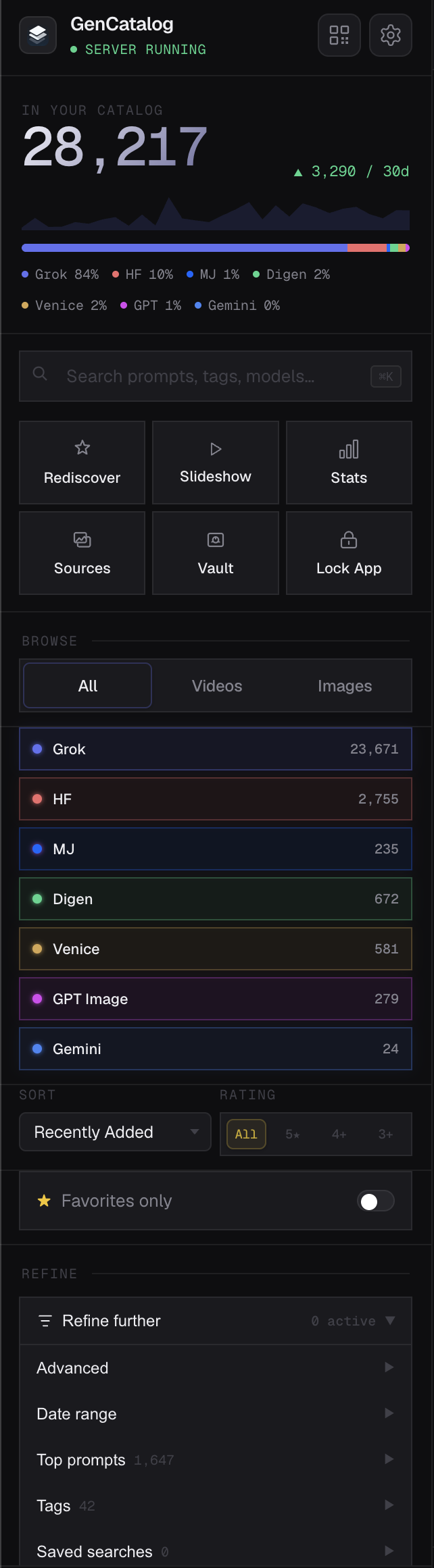 GenCatalog sidebar — full filter rail with sources, ratings, refine drawer, advanced filters, saved searches, and collections