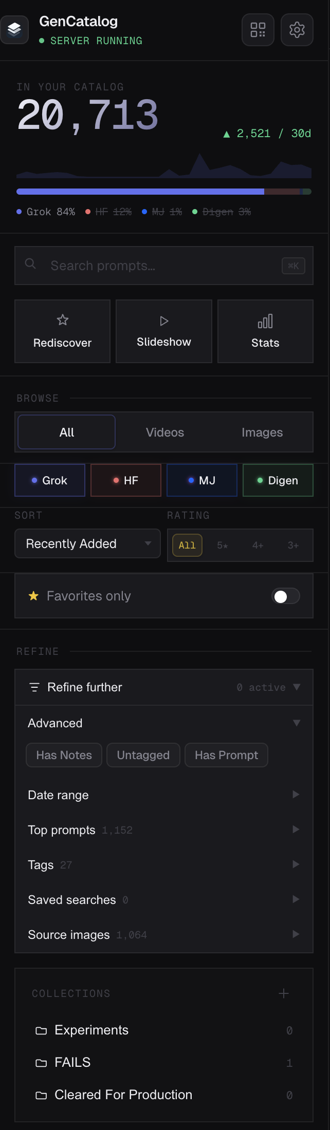 GenCatalog sidebar — full filter rail with sources, ratings, refine drawer, advanced filters, saved searches, and collections